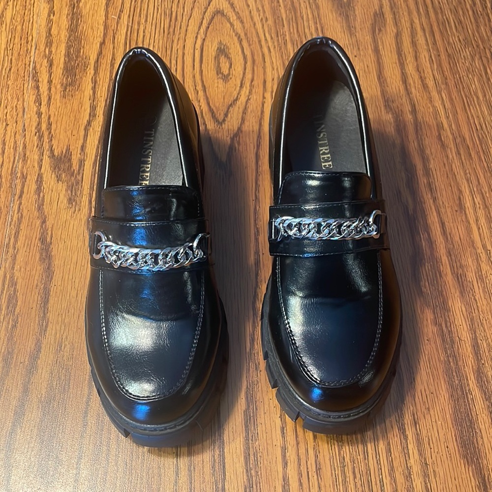 Black Platform Loafers with Silver Chain Detail